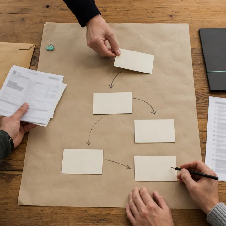 Hands lay paper cards on a wooden table and draw arrows between them