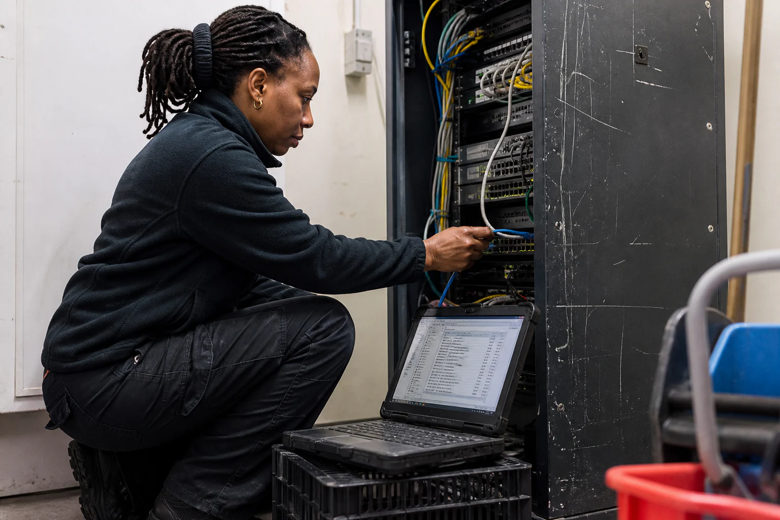 Black technical consultant inspecting the network environment and access rights of a small Belgian company