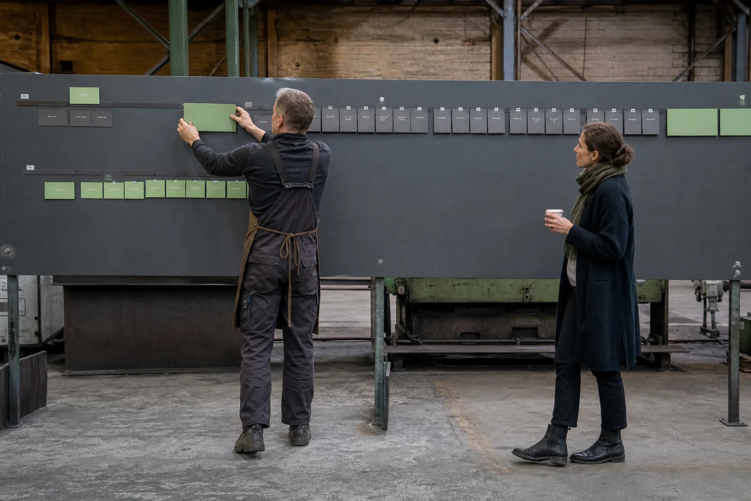 Entrepreneur and consultant organising a digital roadmap on the wall of a Belgian workshop