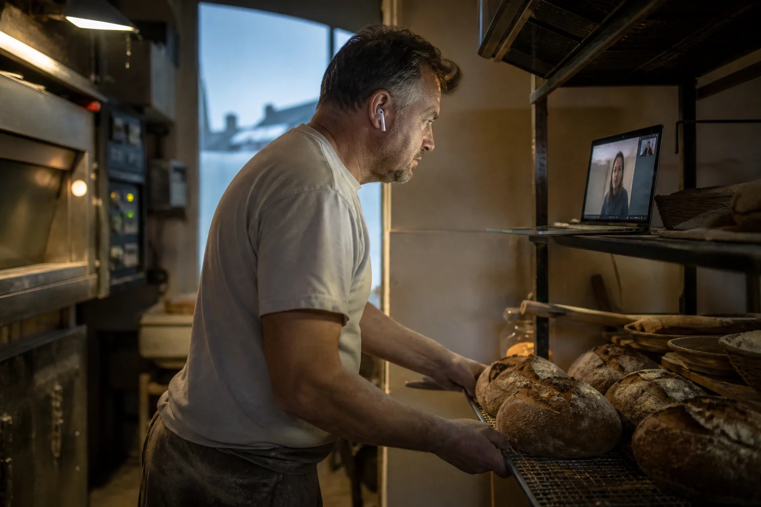 Belgian baker speaking by video with his adviser during the morning shift