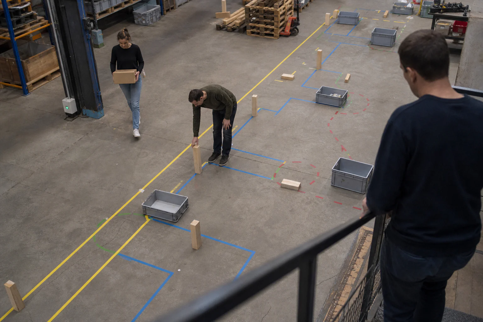 Team mapping a business workflow on the floor of a Belgian warehouse