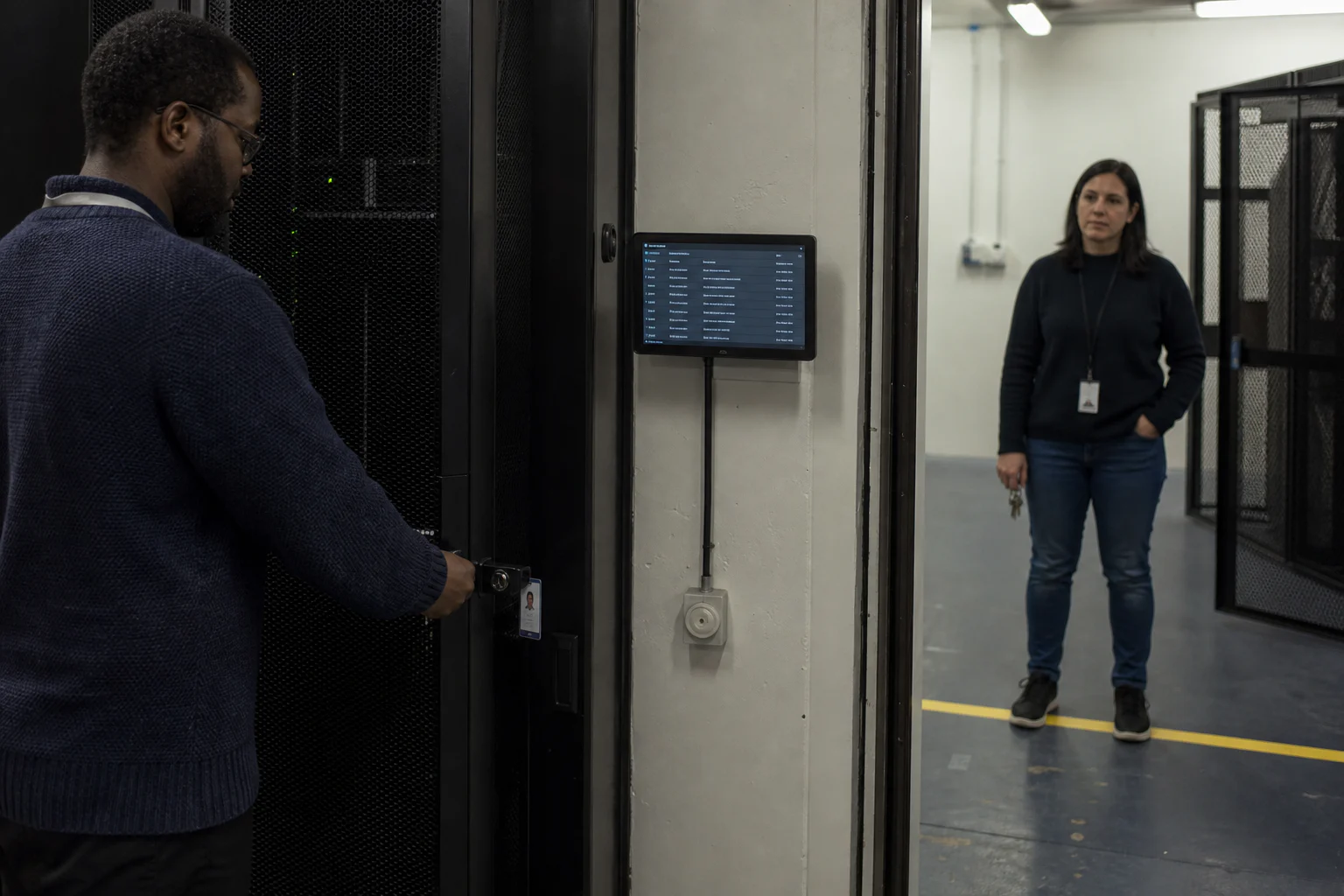 Black specialist testing workflow access rights beside a server cabinet