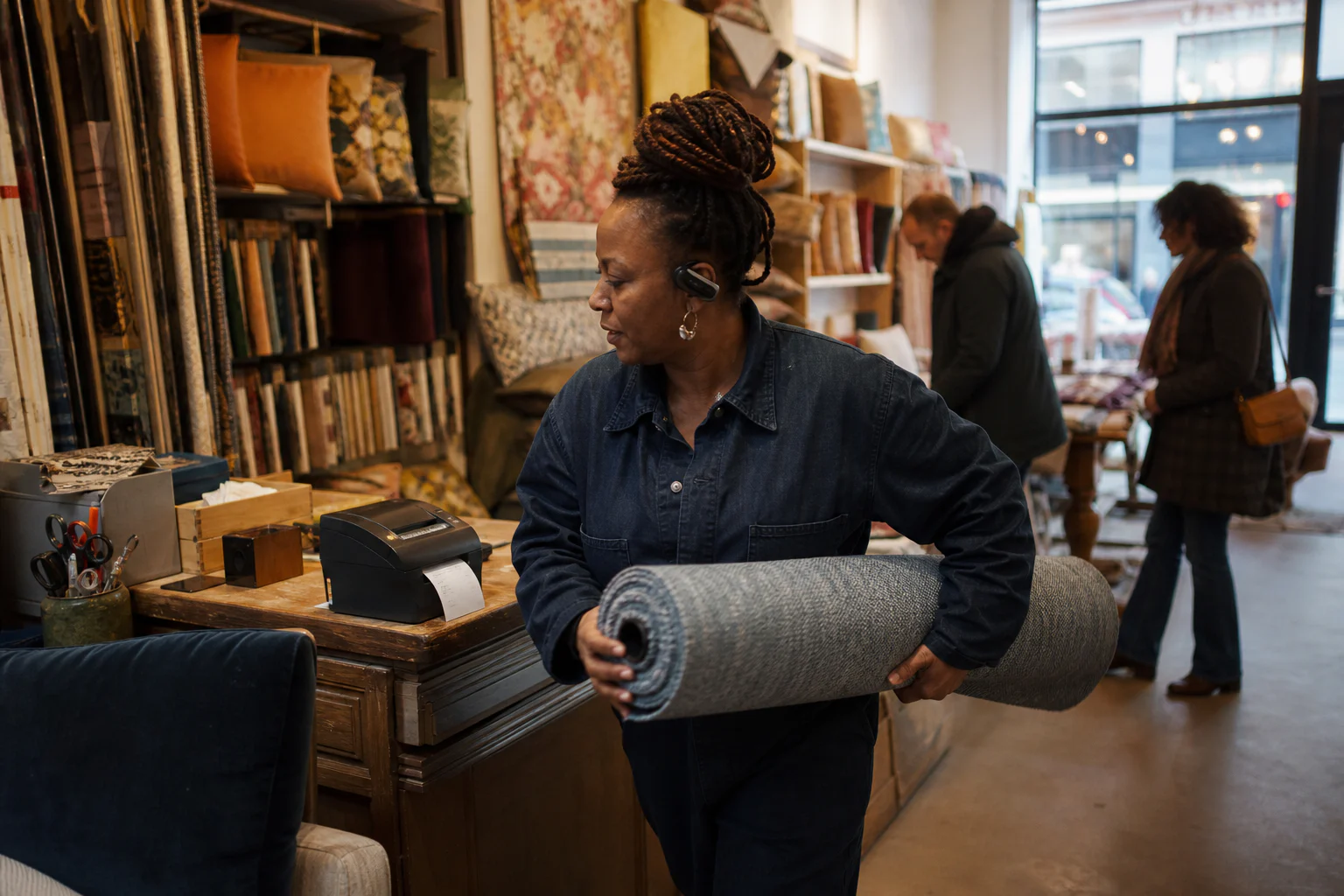Black entrepreneur following up customer requests in her upholstery workshop