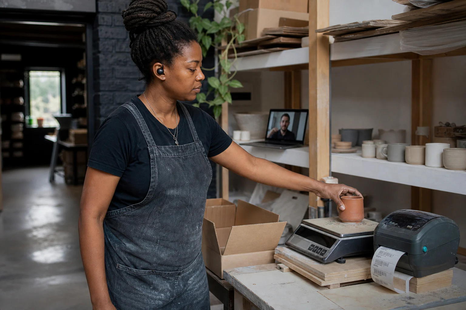 Black ceramicist testing her automated packing station with remote support