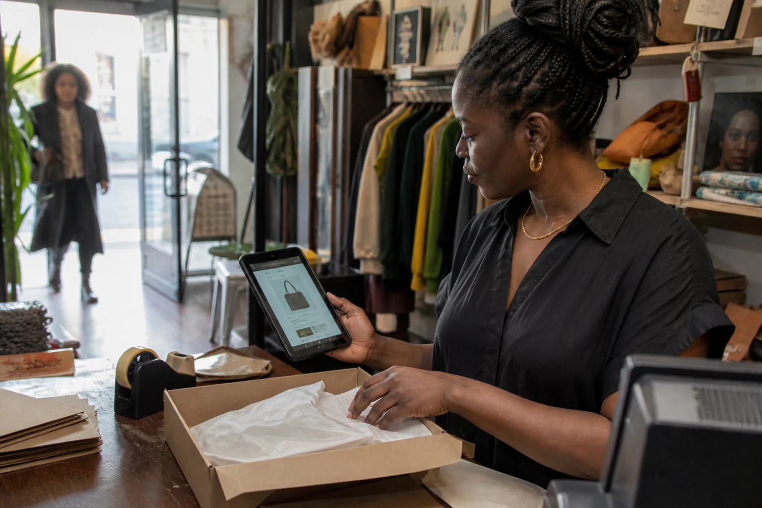 Black shop owner checking her website on a tablet while packing an order