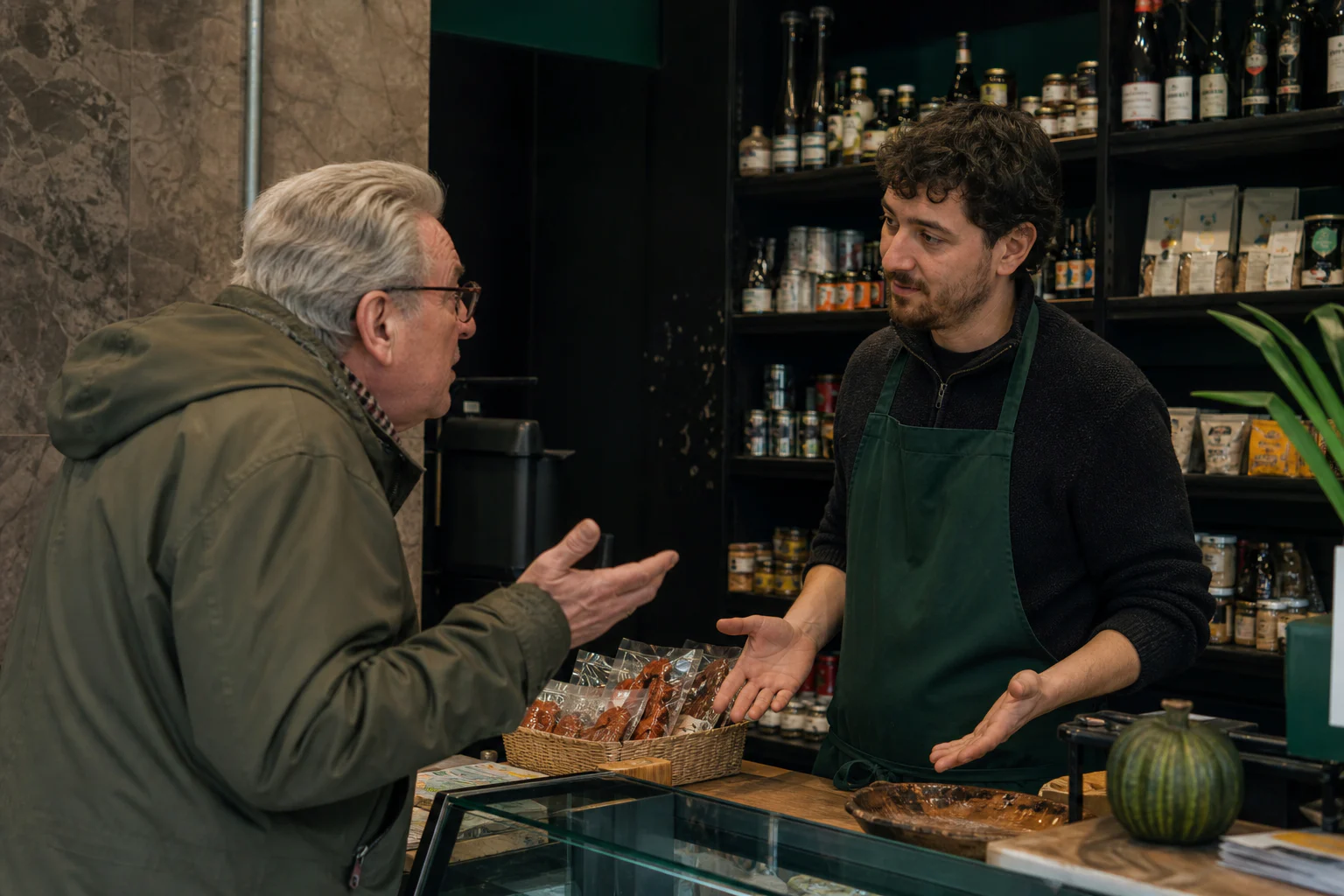 Belgian shopkeeper calmly listening to a dissatisfied customer to resolve his problem