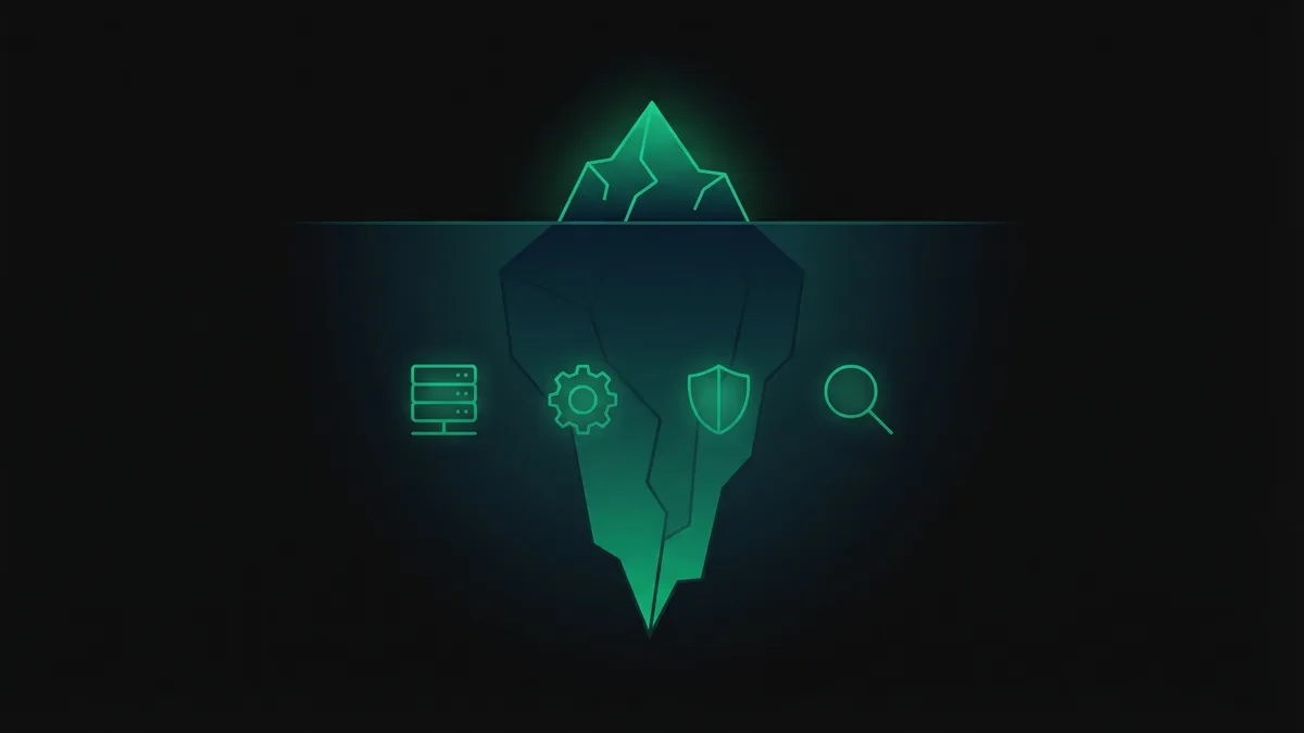 Illustration iceberg des coûts cachés d'un site web : prix visible en surface, hébergement, domaine, maintenance et SEO en profondeur