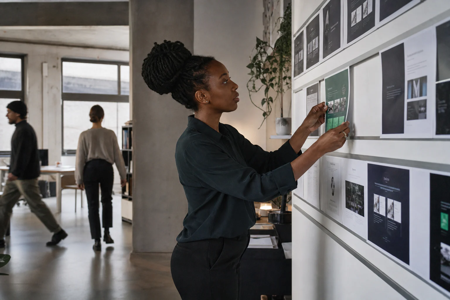 Black web designer replacing old printed pages with a new layout