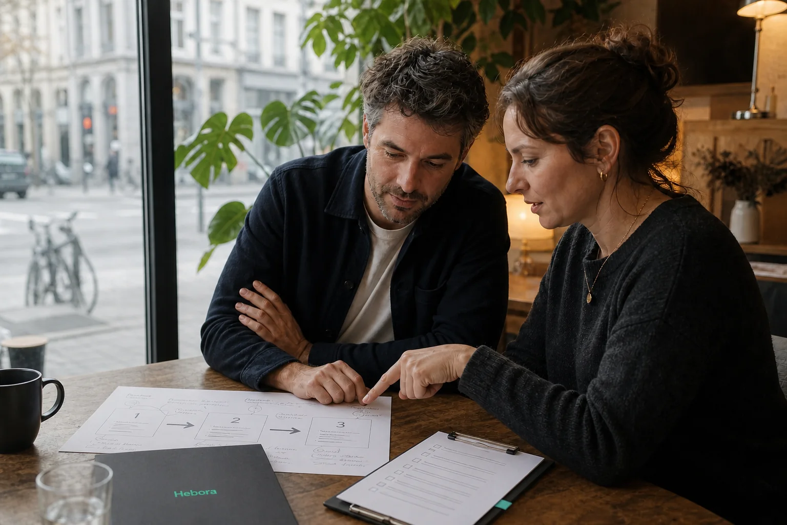 Two people map a project workflow using a paper diagram and a Hebora checklist