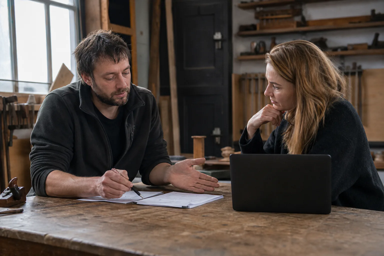 Un artisan et une consultante regardent ensemble le site de l'entreprise, dans un atelier de menuiserie