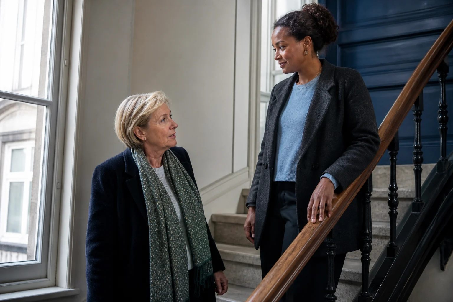 A Belgian business owner asks a digital adviser a practical question on the stairs of a Brussels office