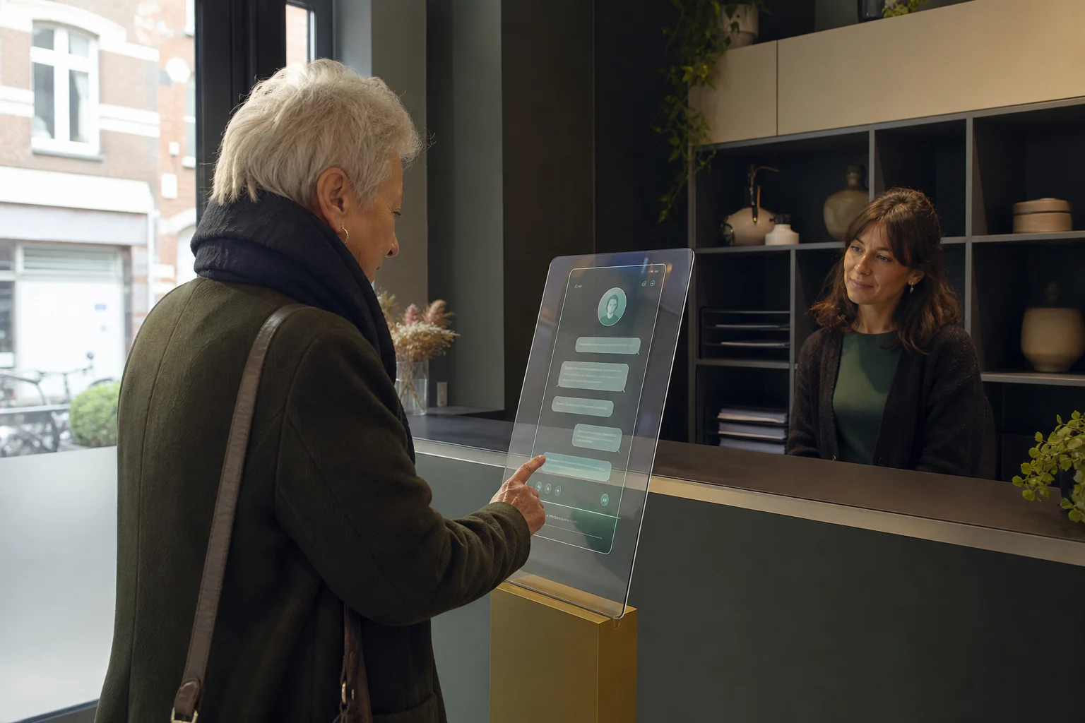 Business owner and adviser testing AI chatbot transparency on a laptop and phone in Brussels
