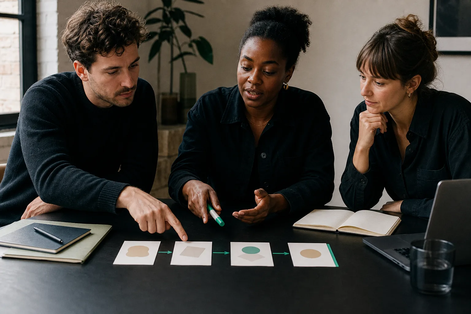 Three colleagues laying out the steps of a project together on the table