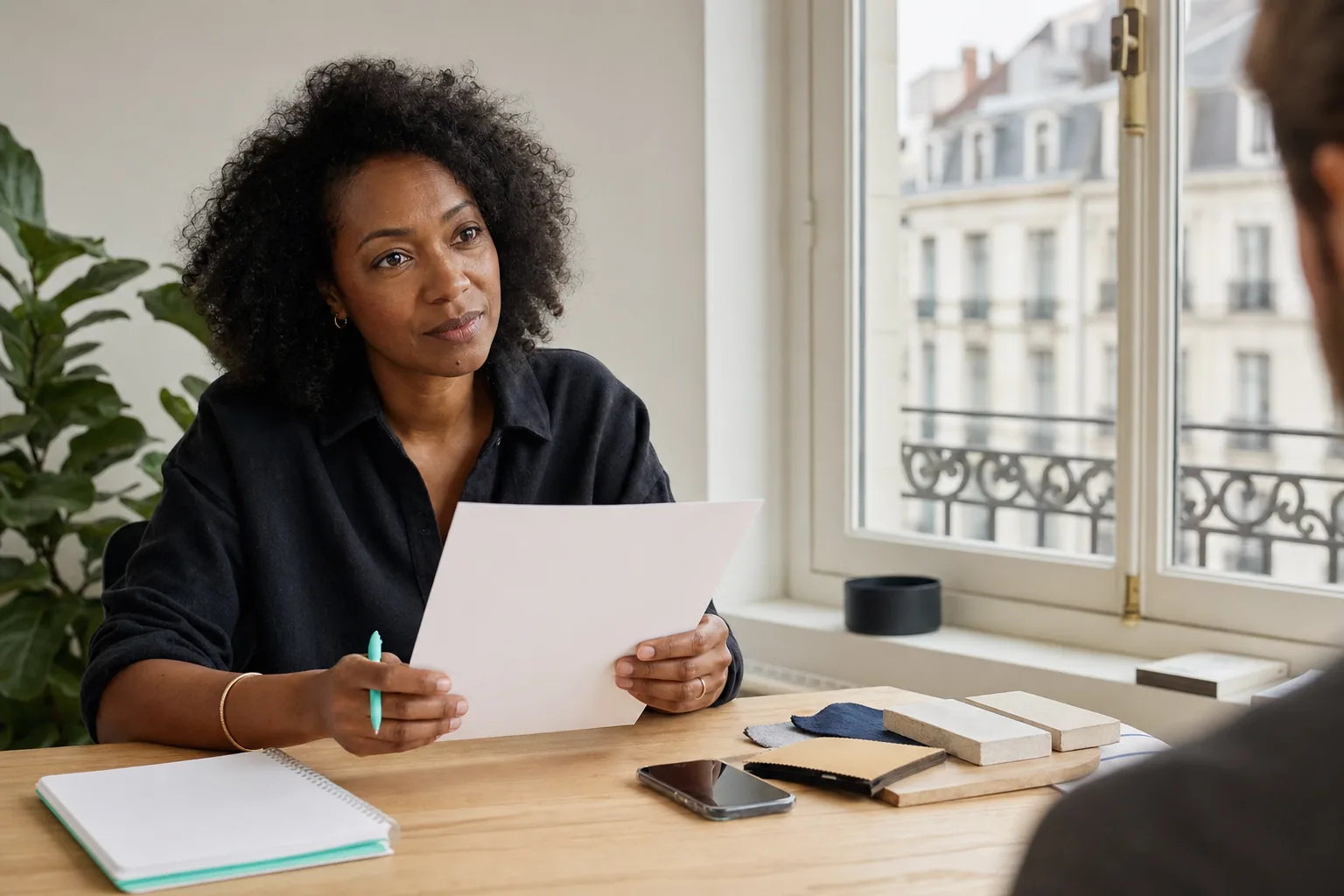 An adviser listening to a client across the table, file in hand