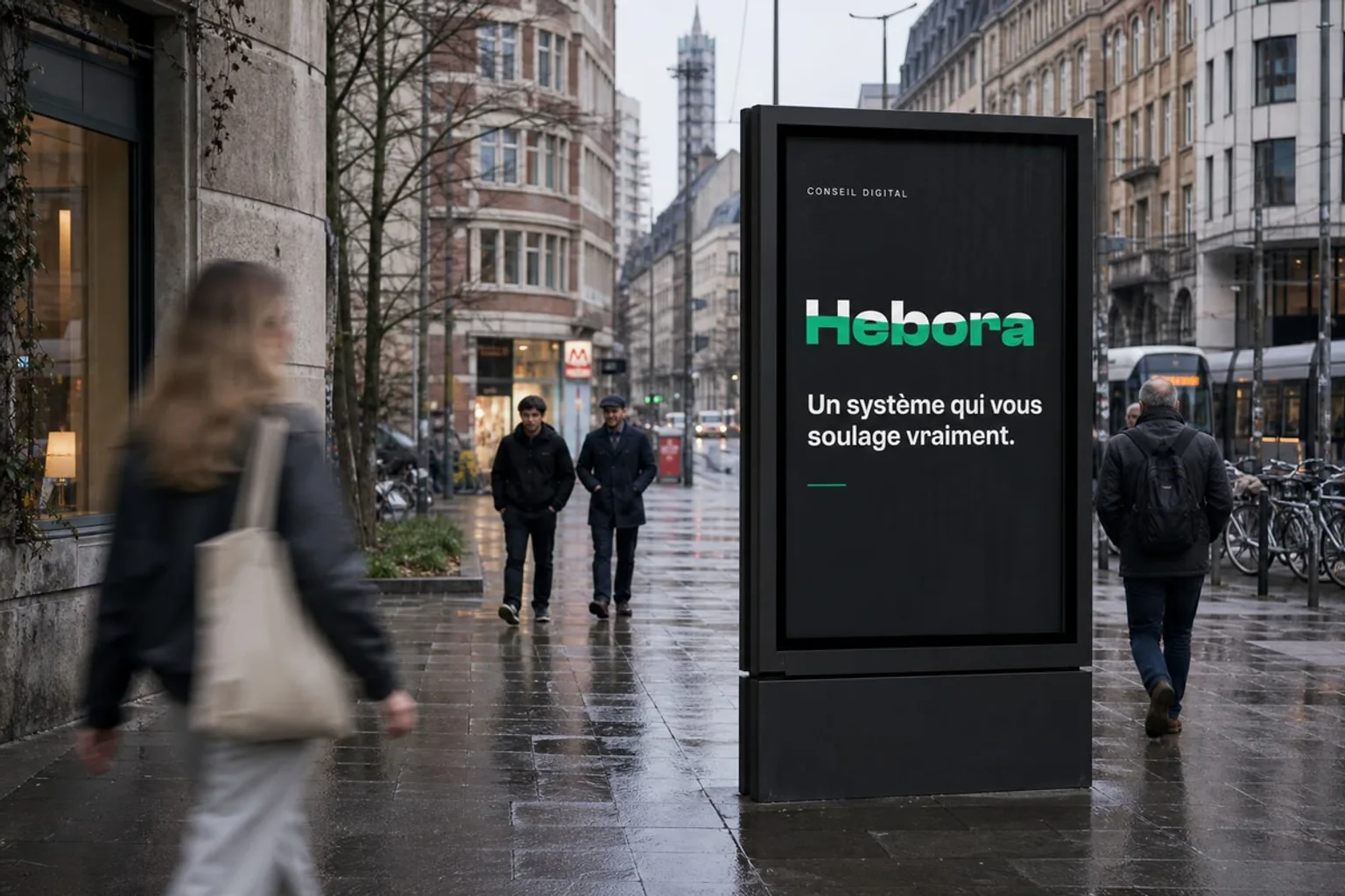 Panneau publicitaire Hebora dans une rue commerçante de Bruxelles, sous la pluie