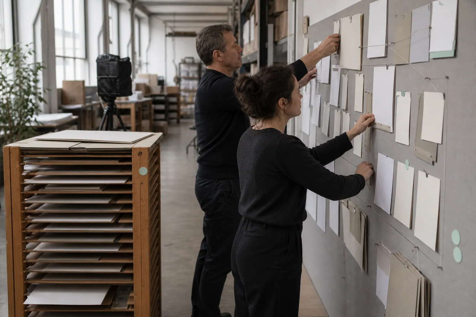 Professionals arrange physical working materials for AI visibility and GEO at a business in Antwerp
