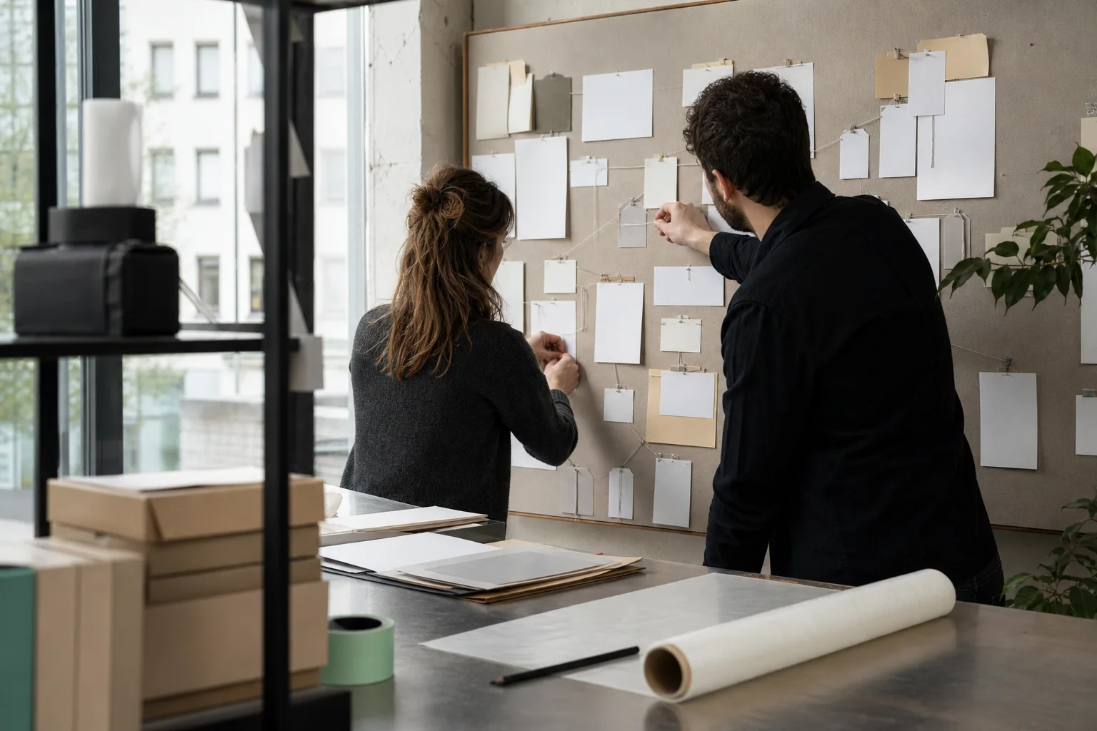 Professionals arrange physical working materials for AI visibility and GEO at a business in Brussels