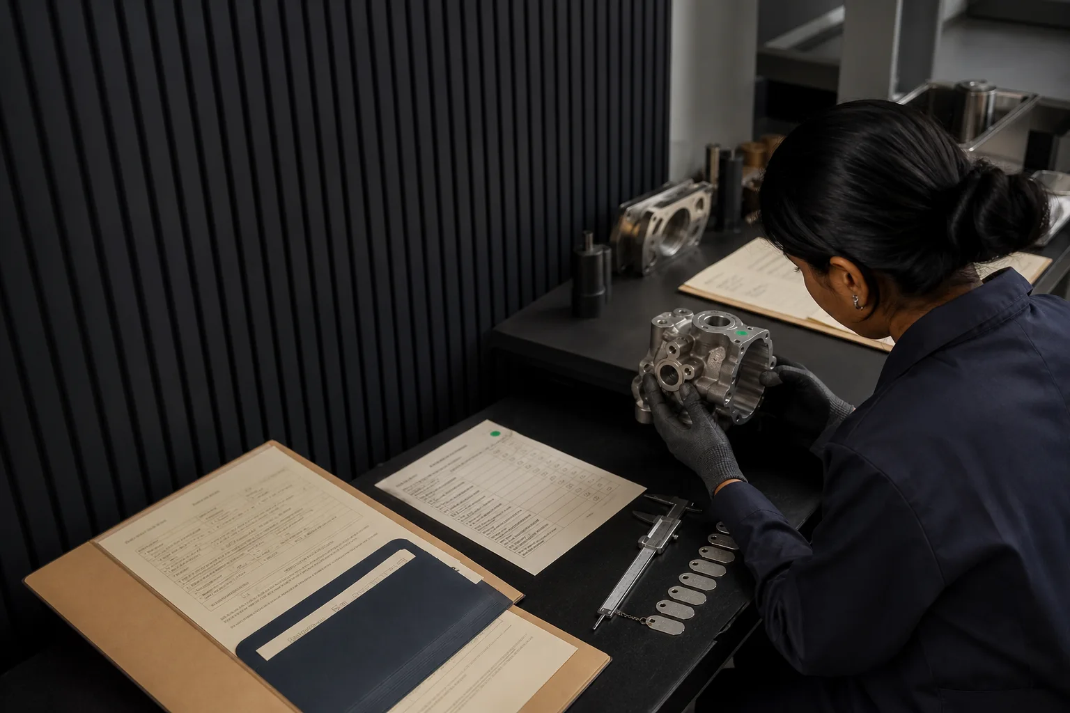 A quality specialist matches a precision component with provenance records and citation tags in Liège