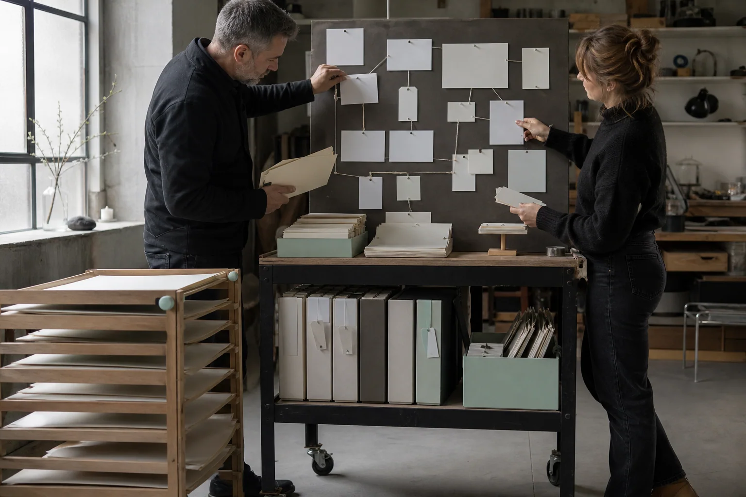 Professionals arrange physical working materials for AI visibility and GEO at a business in Ghent