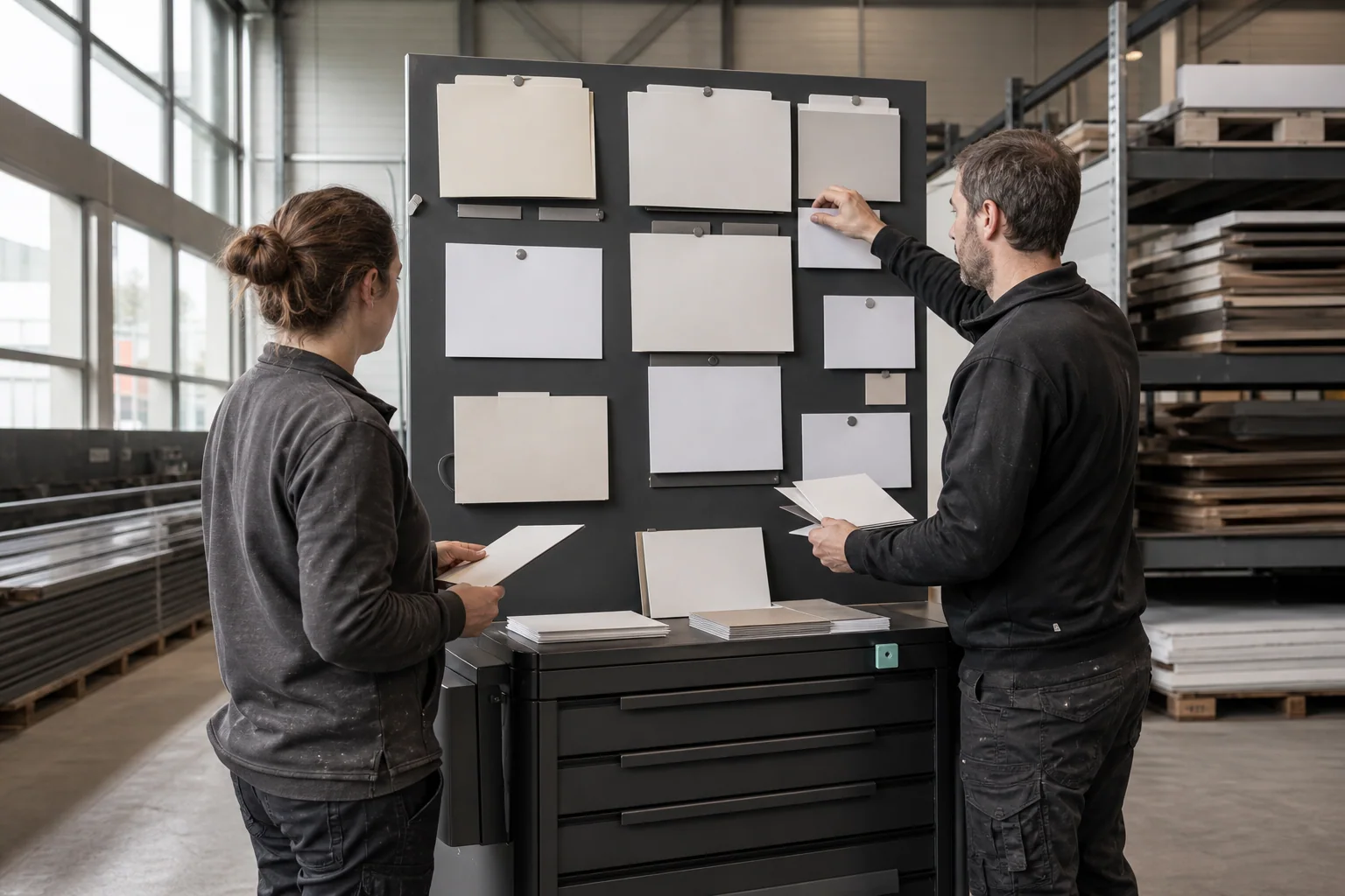 Professionals arrange physical working materials for AI visibility and GEO at a business in Liège