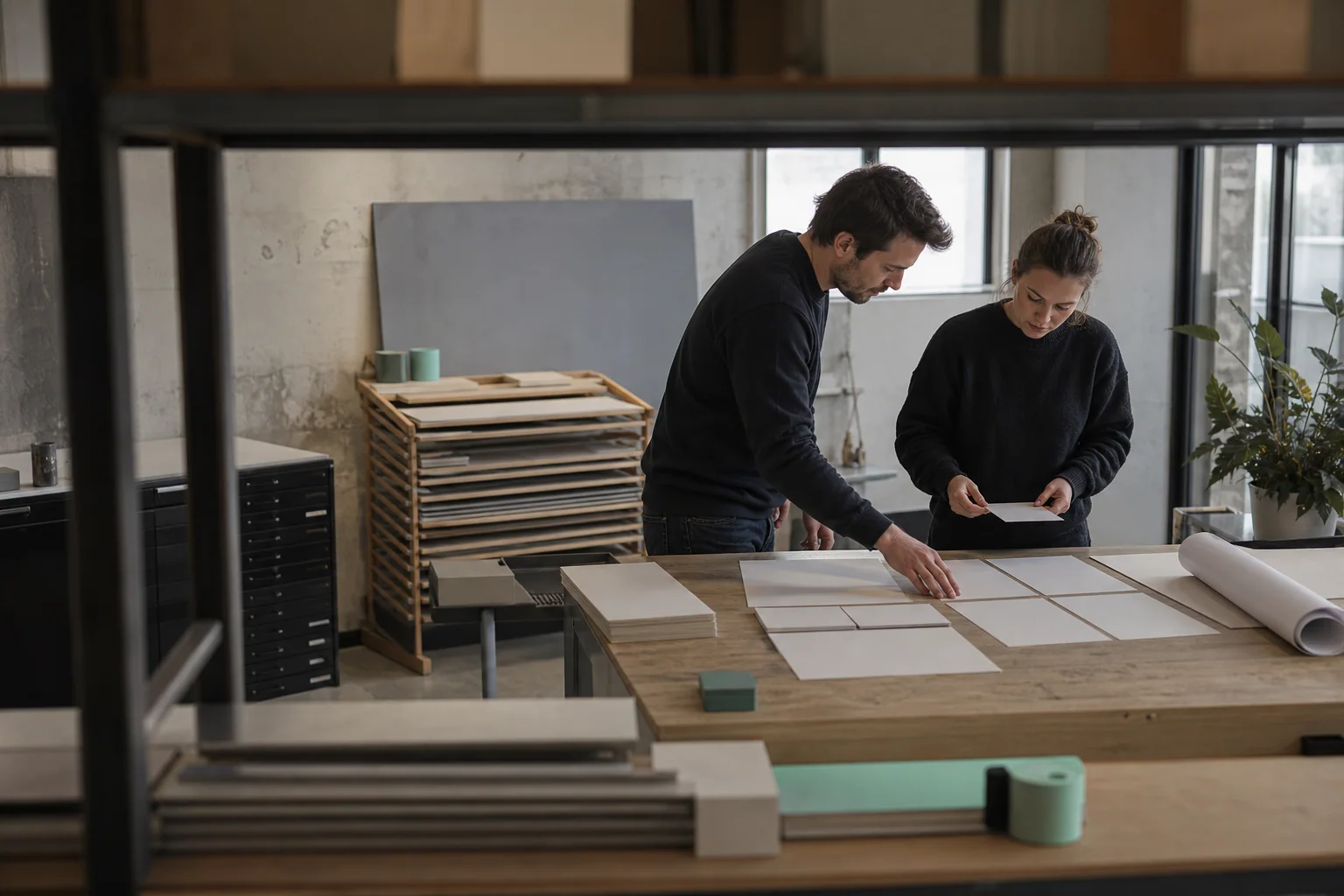 Professionals arrange physical working materials for Paid media at a business in Antwerp