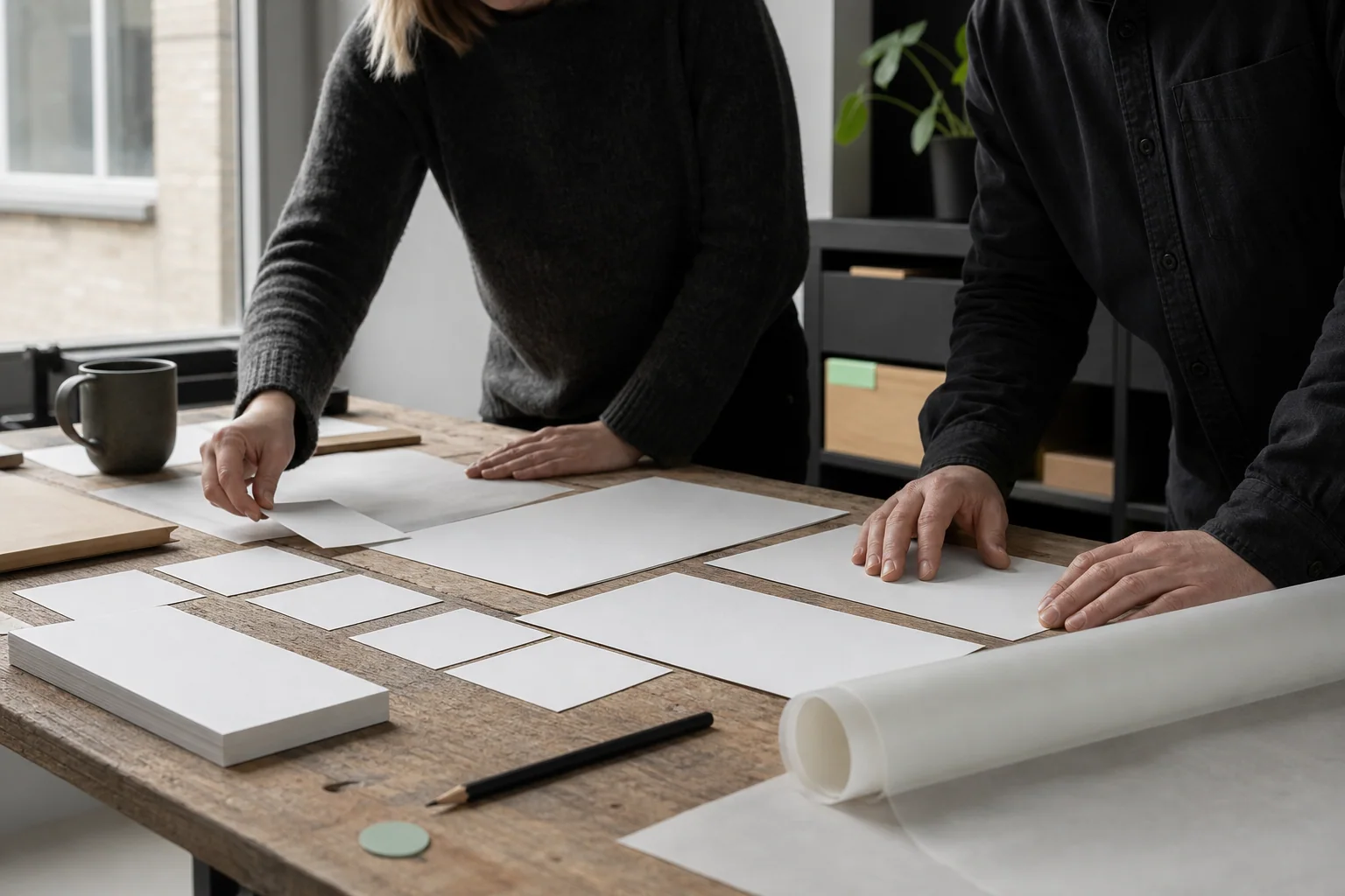 Professionals arrange physical working materials for Paid media at a business in Brussels