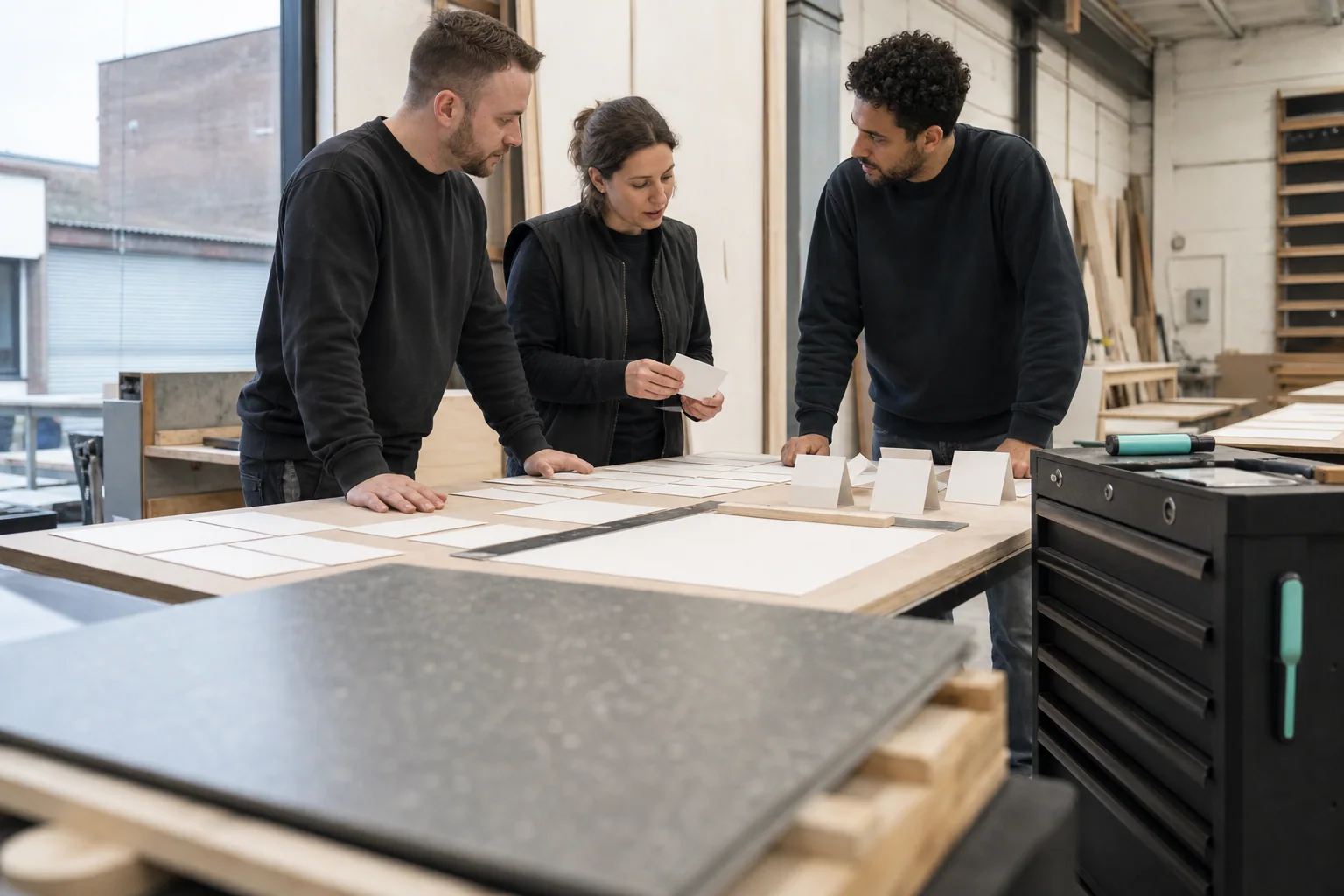 Professionals arrange physical working materials for Paid media at a business in Charleroi