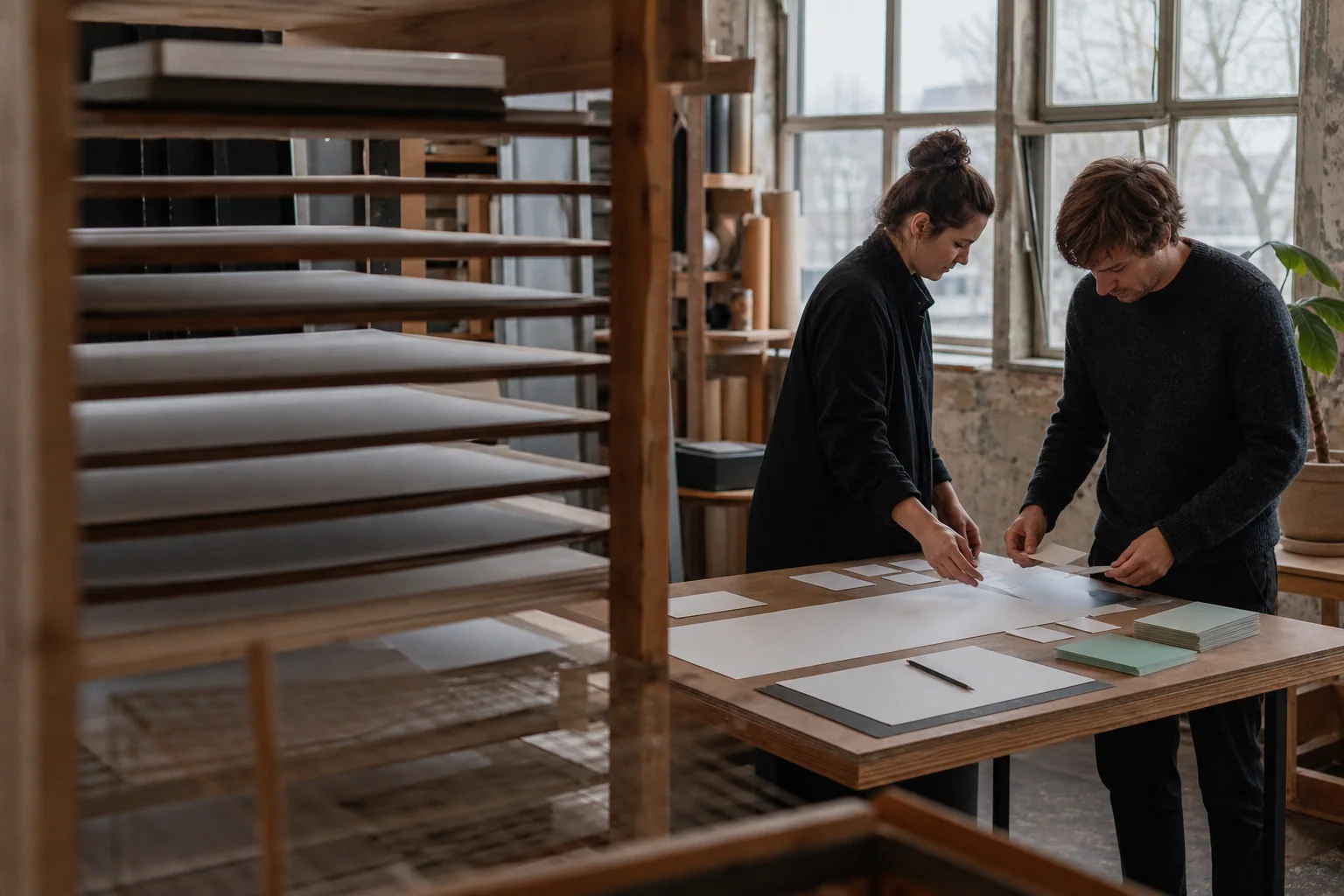 Professionals arrange physical working materials for Paid media at a business in Ghent
