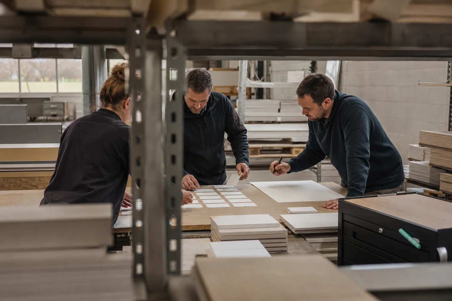 Professionals arrange physical working materials for Paid media at a business in Liège