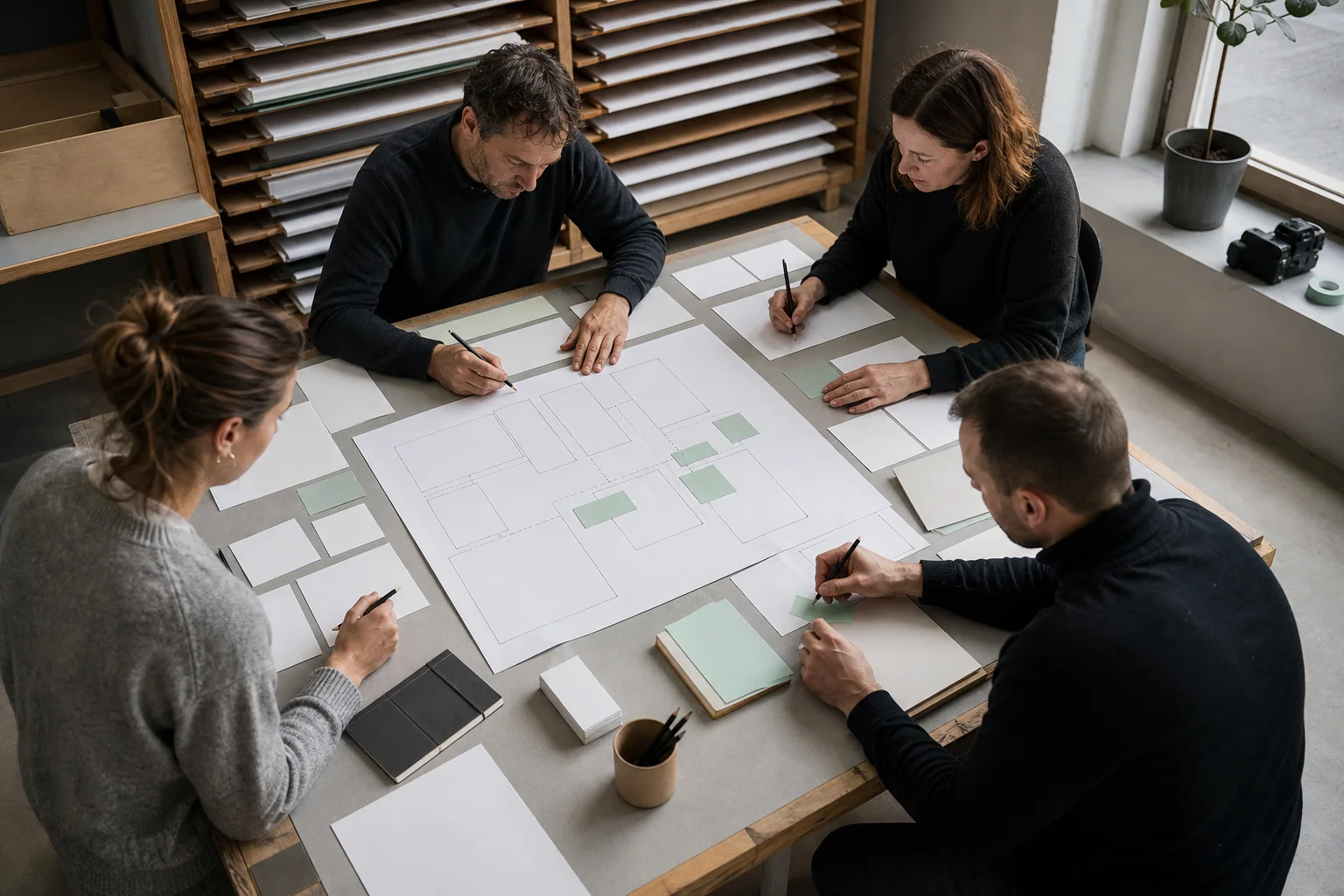 Professionals arrange physical working materials for SEO at a business in Antwerp