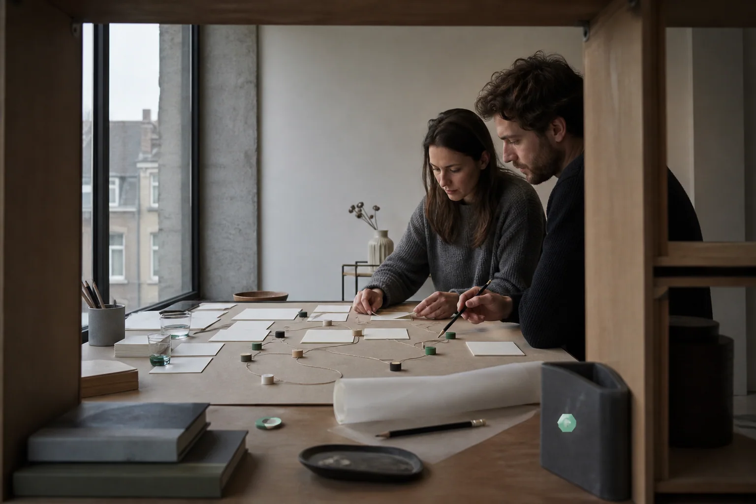 Professionals arrange physical working materials for SEO at a business in Brussels