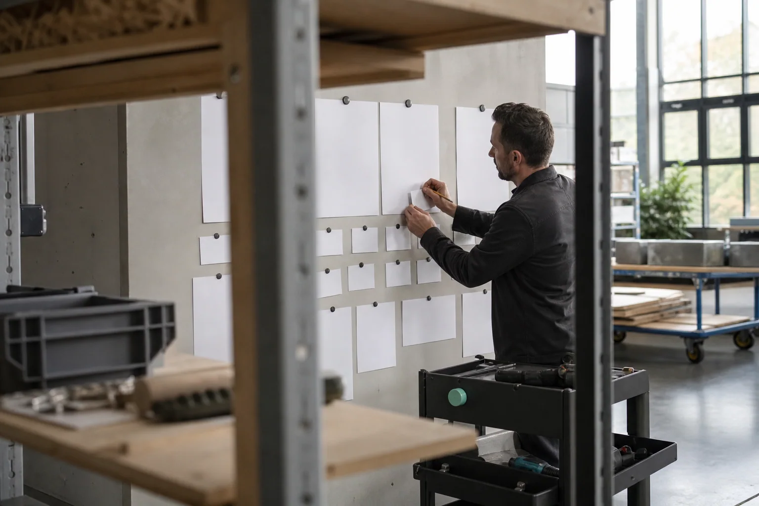 Professionals arrange physical working materials for SEO at a business in Charleroi