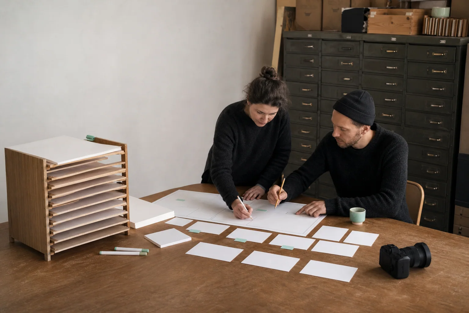 Professionals arrange physical working materials for SEO at a business in Ghent