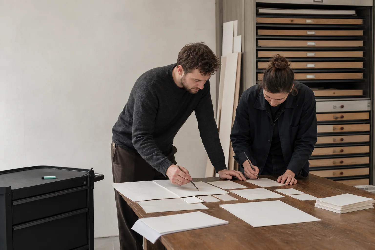 Professionals arrange physical working materials for SEO at a business in Liège