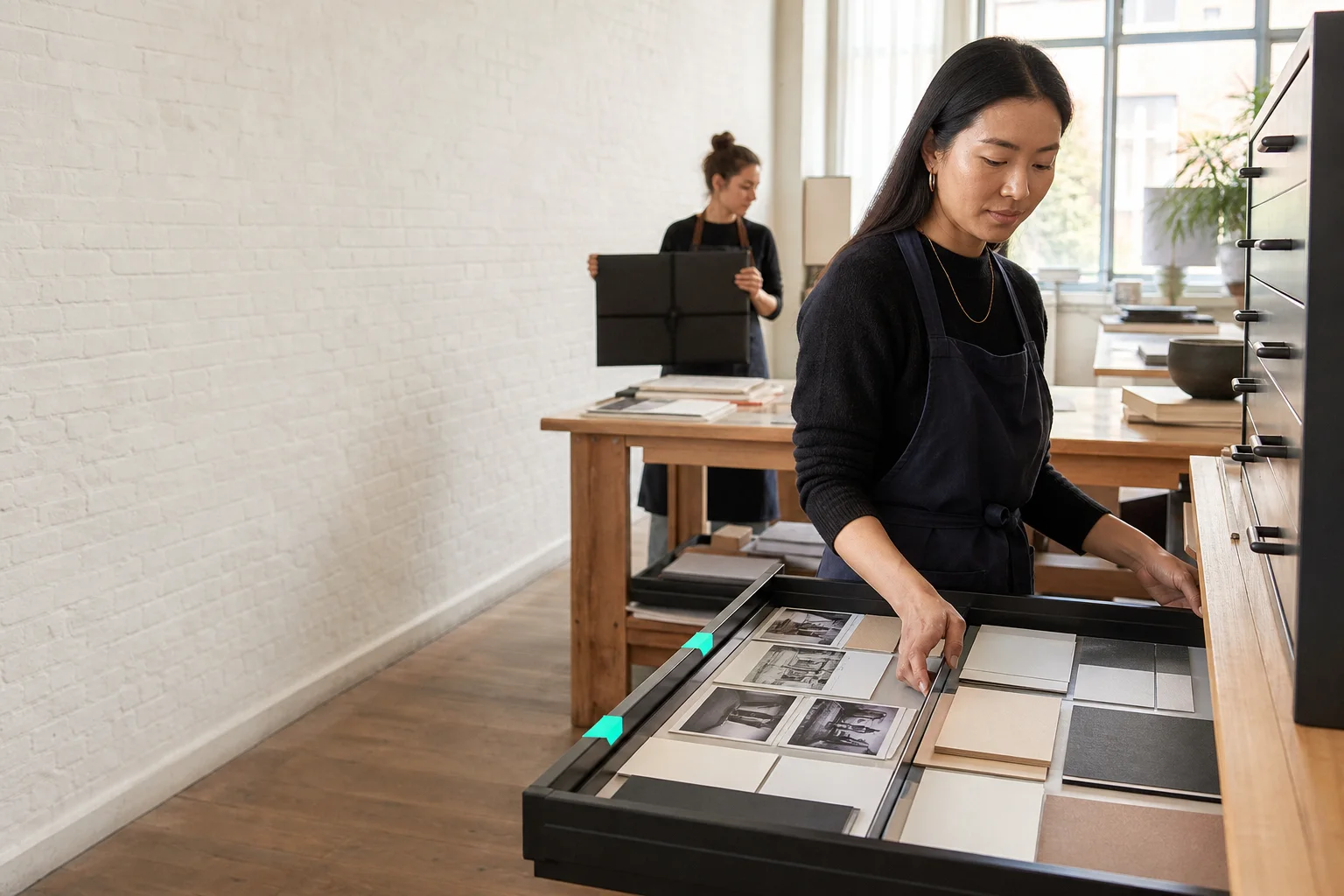 A project lead opens one of five regional archive drawers in a Brussels bookbinding studio