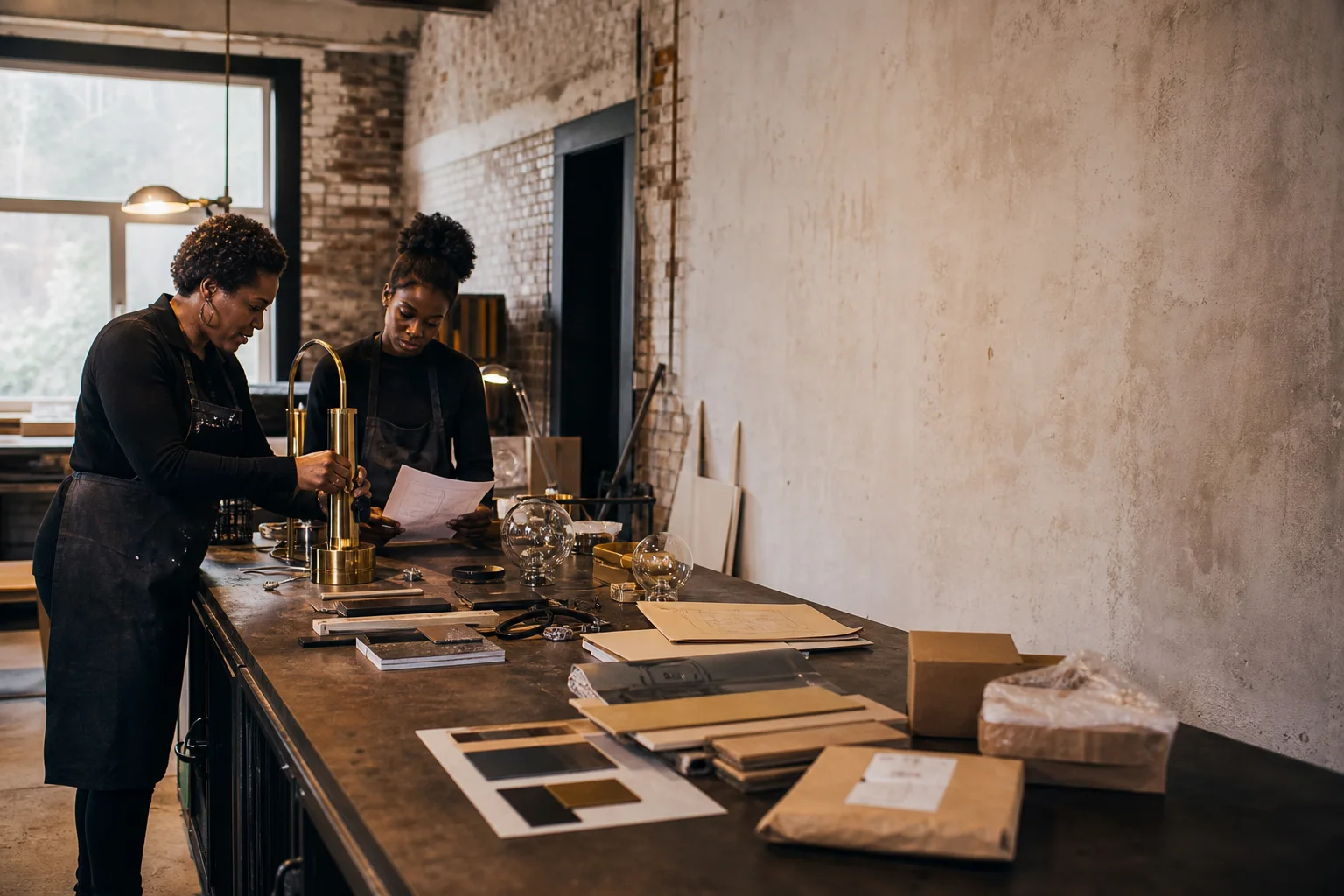 A lighting maker and apprentice stage components and order materials in a contemporary Charleroi studio