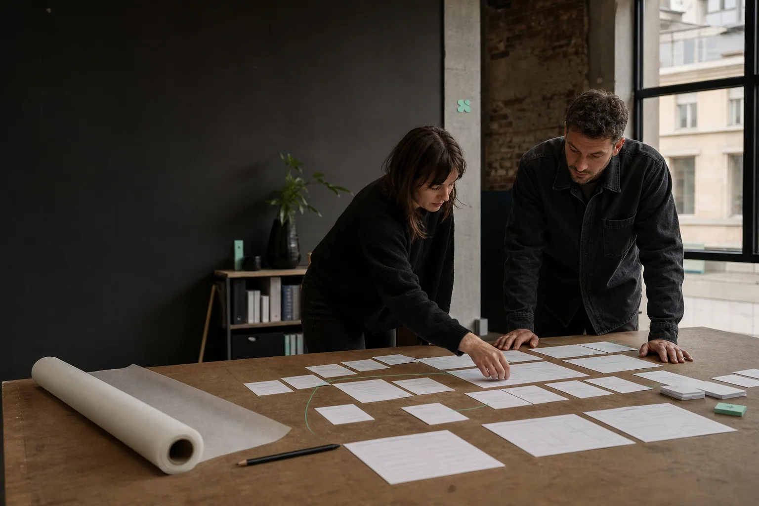 Professionals arrange physical working materials for Website design at a business in Brussels
