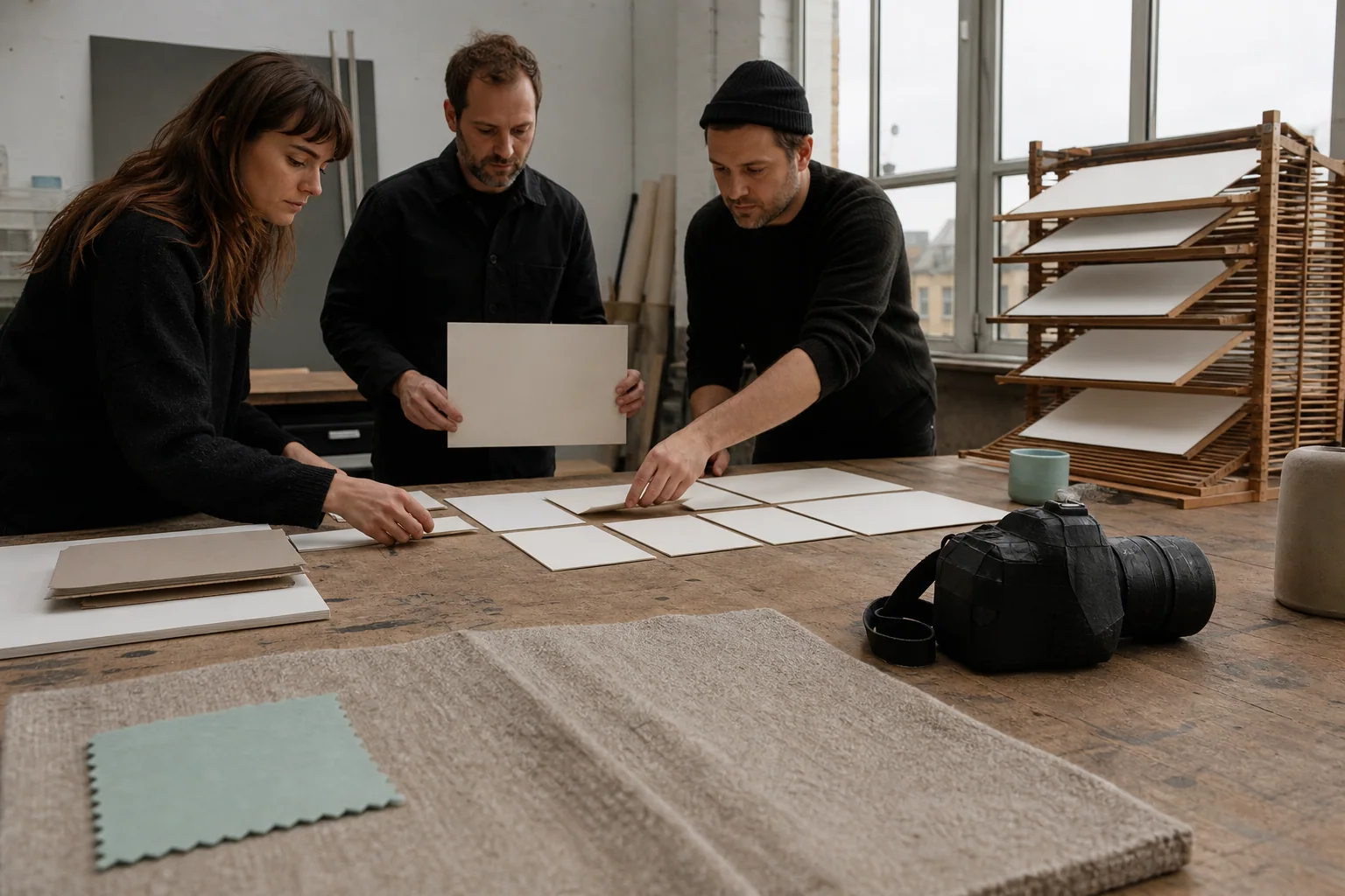 Professionals arrange physical working materials for Social media management at a business in Antwerp