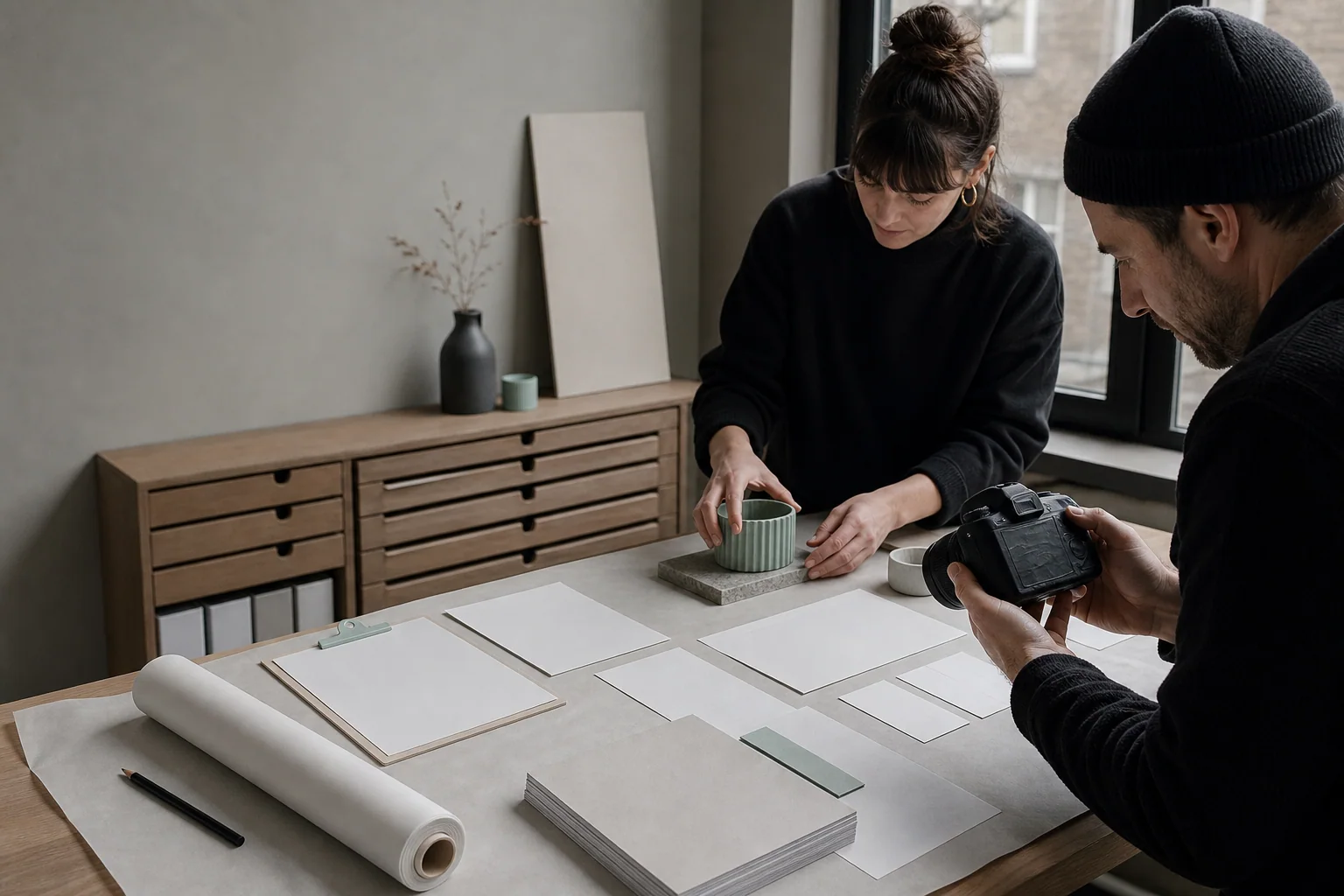 Professionals arrange physical working materials for Social media management at a business in Brussels