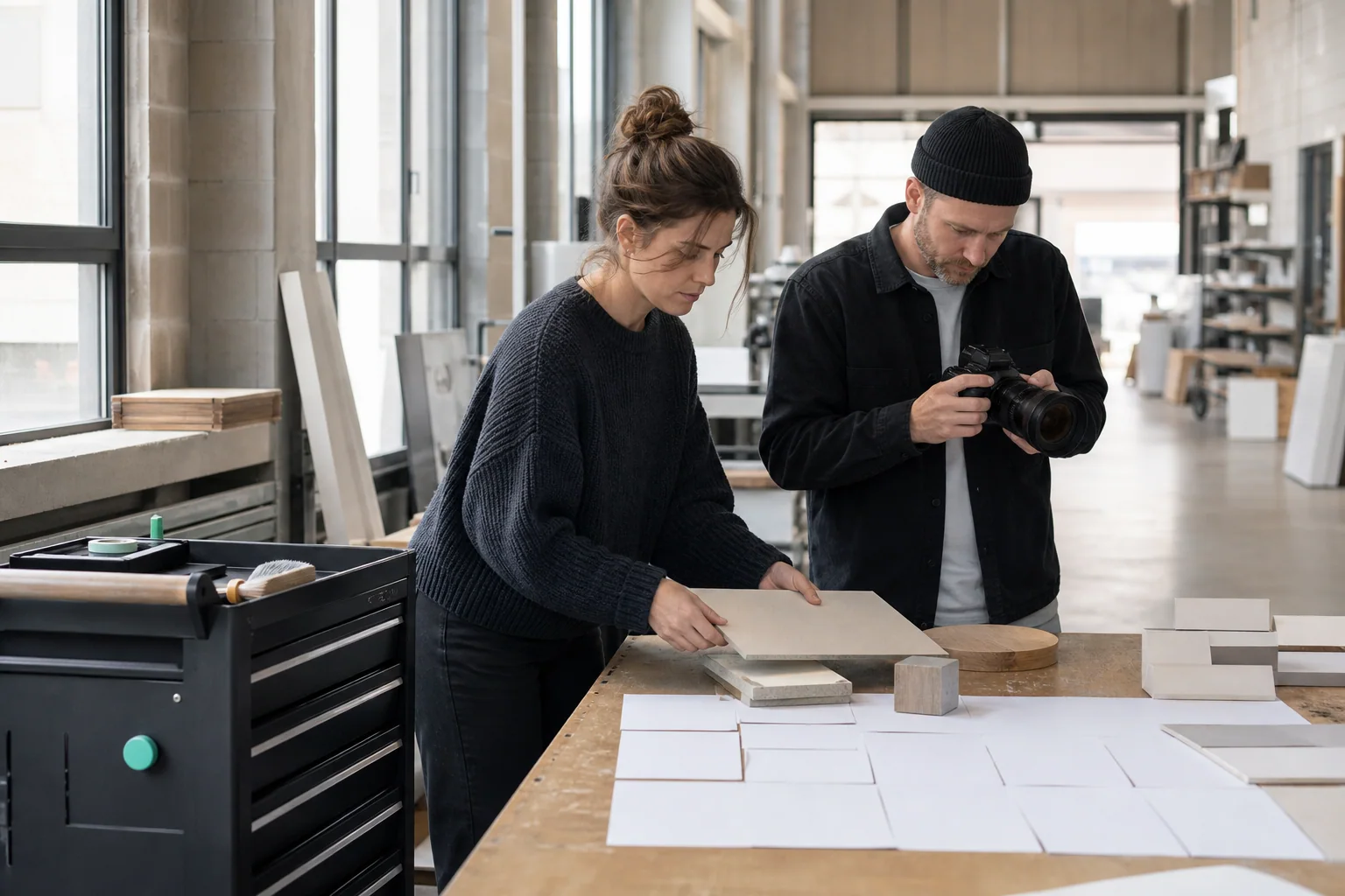 Professionals arrange physical working materials for Social media management at a business in Charleroi