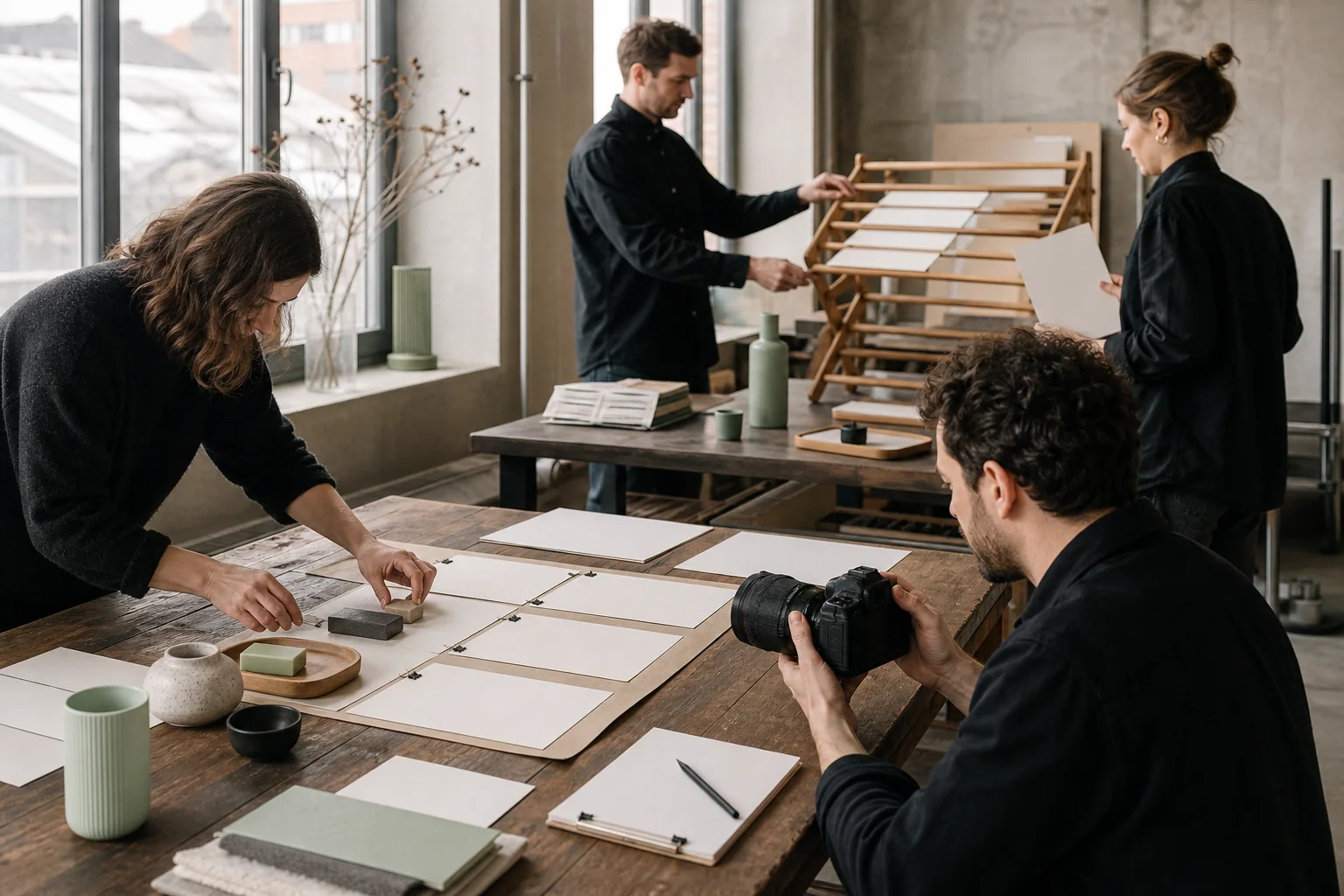 Professionals arrange physical working materials for Social media management at a business in Ghent