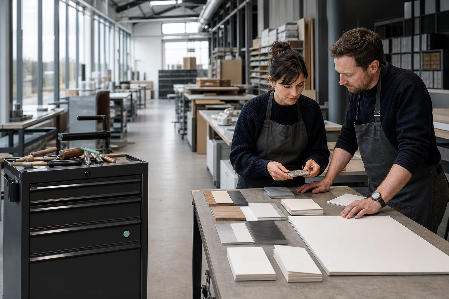 Professionals arrange physical working materials for Social media management at a business in Liège