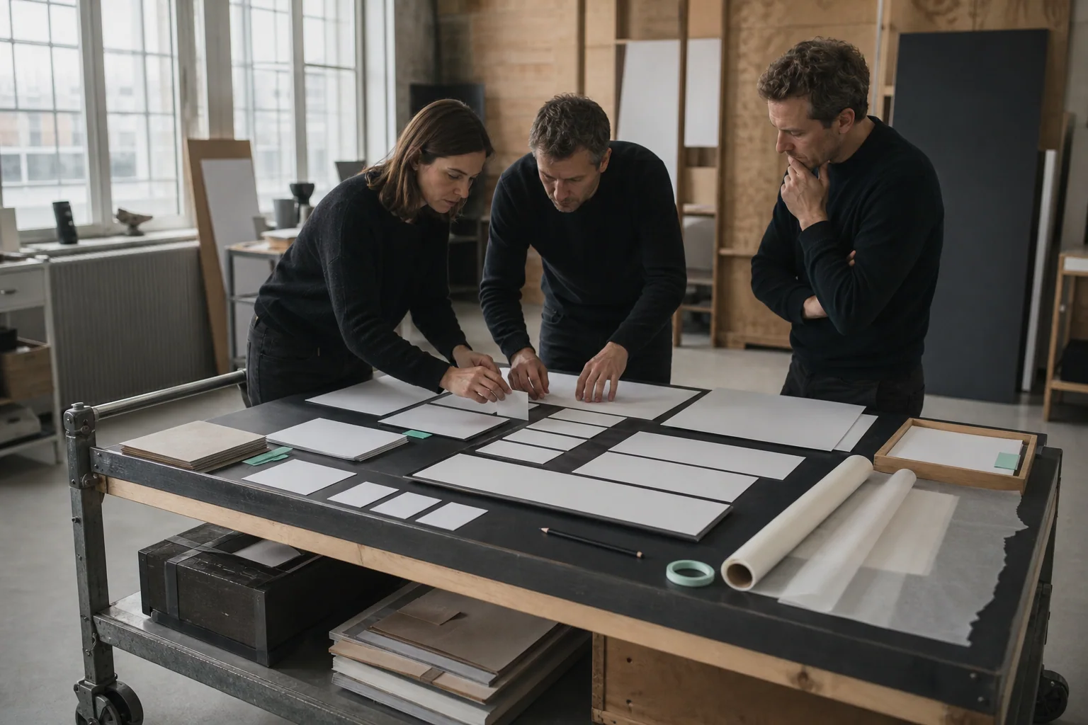 Professionals arrange physical working materials for Website design at a business in Antwerp