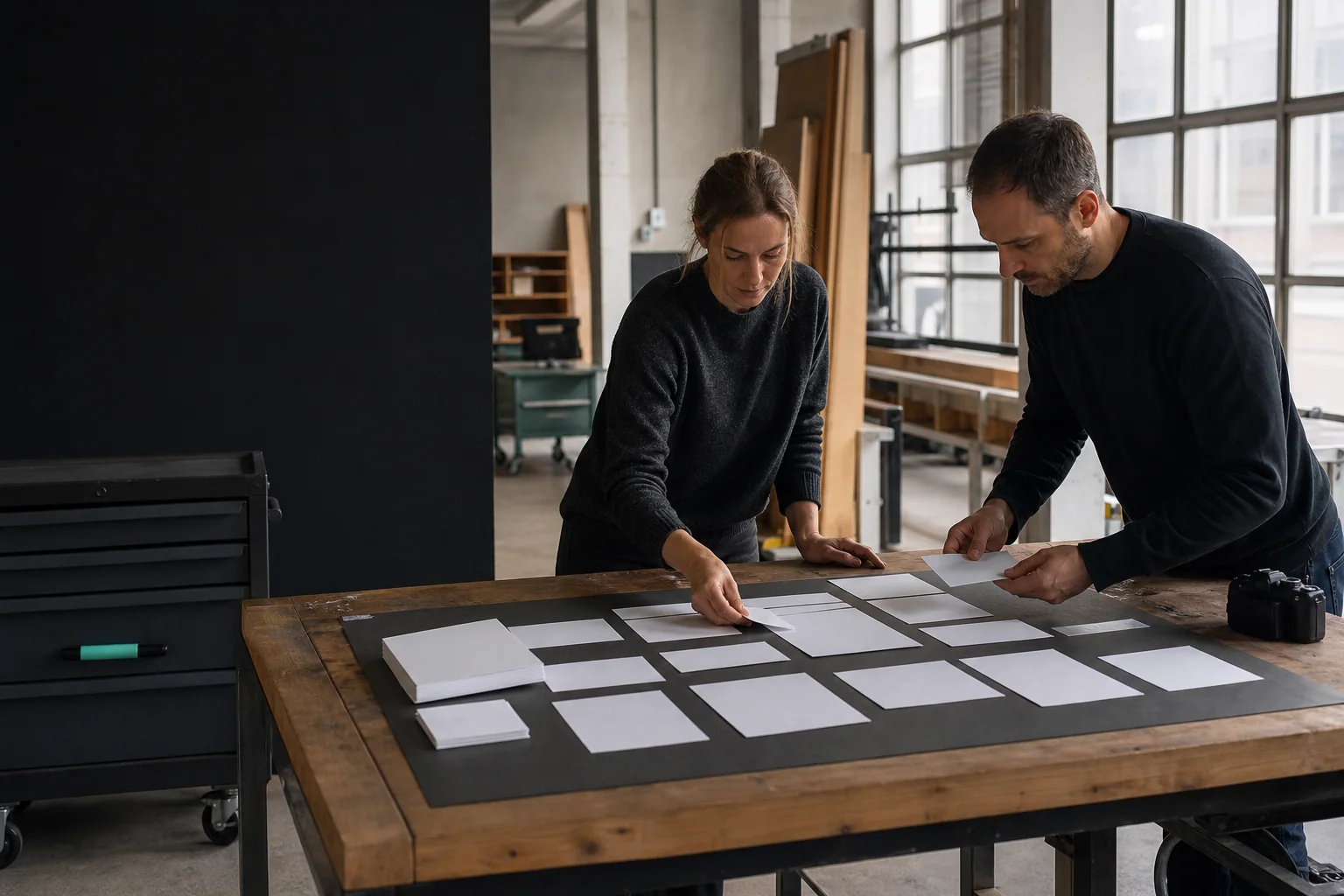 Professionals arrange physical working materials for Website design at a business in Charleroi