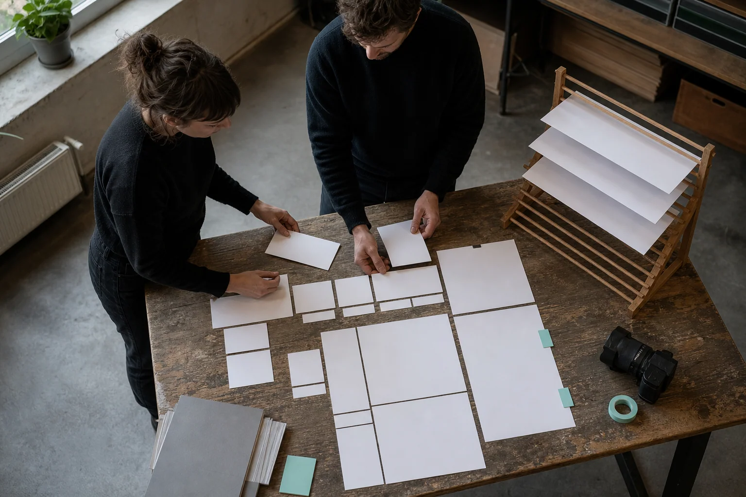 Professionals arrange physical working materials for Website design at a business in Ghent