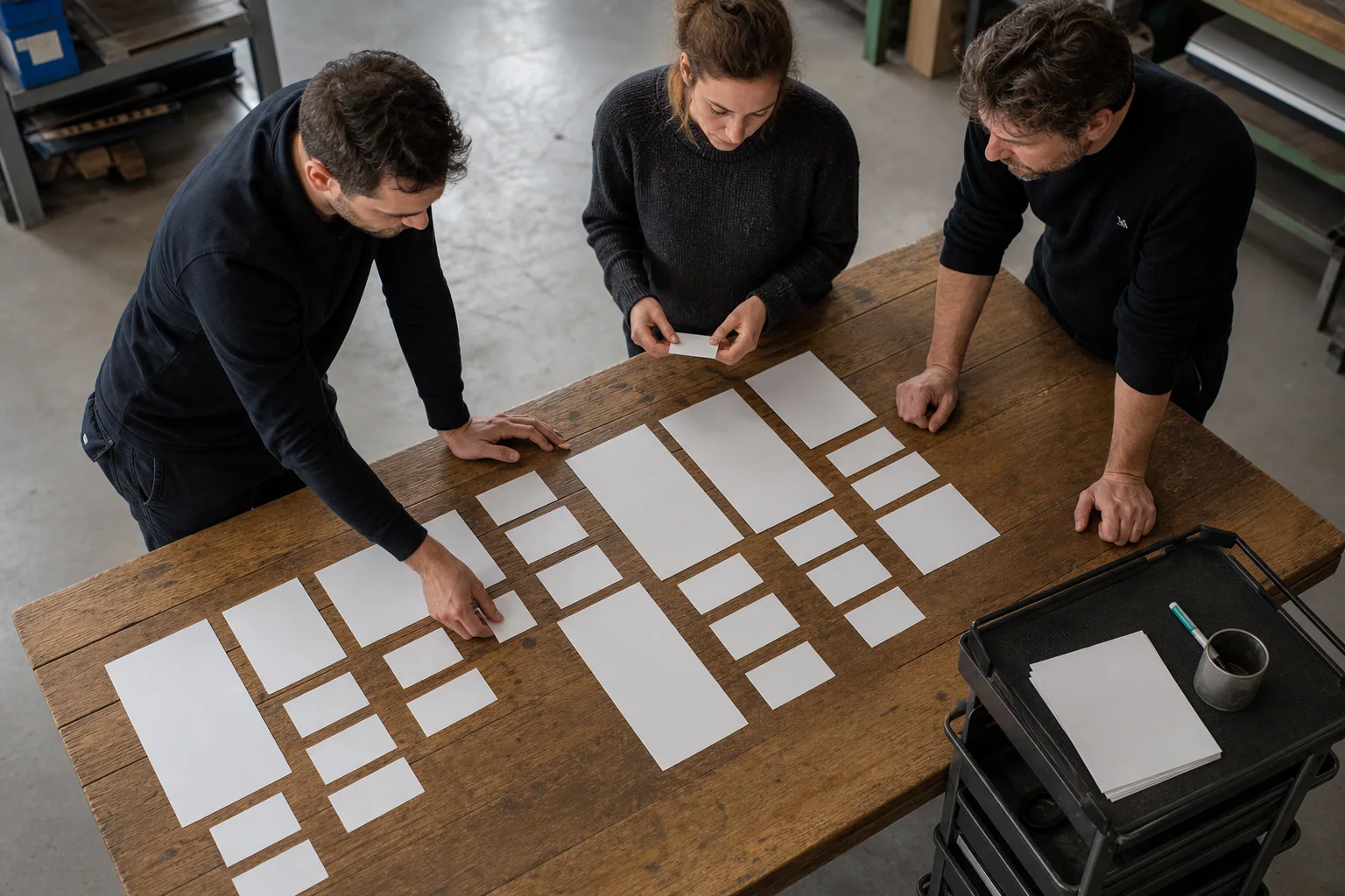 Professionals arrange physical working materials for Website design at a business in Liège