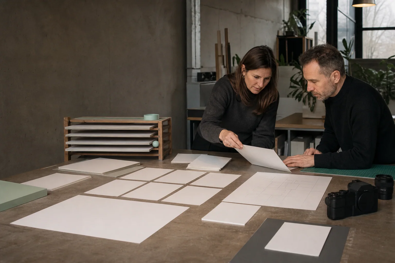 Professionals arrange physical working materials for Website redesign at a business in Antwerp
