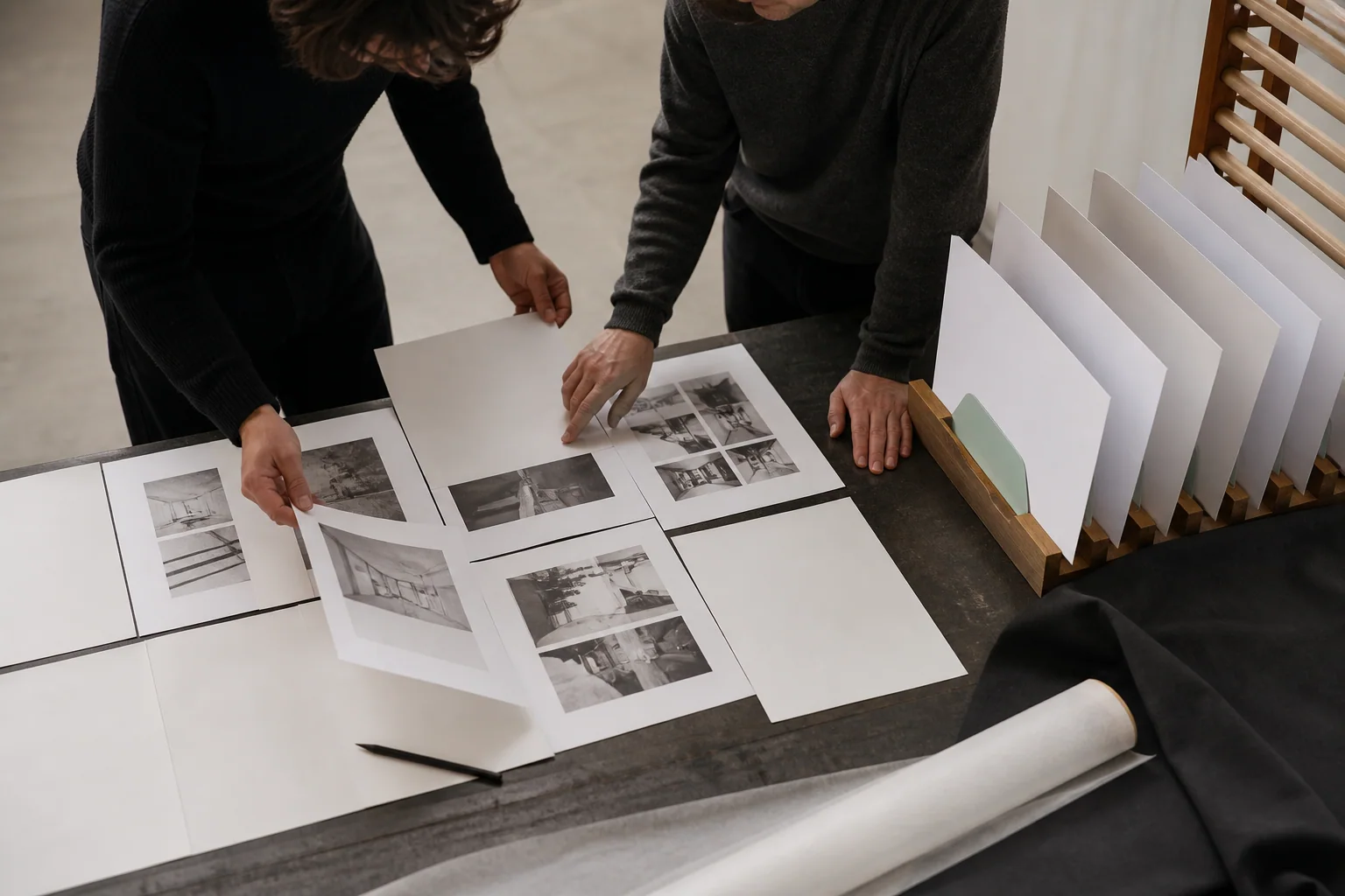 Professionals arrange physical working materials for Website redesign at a business in Brussels