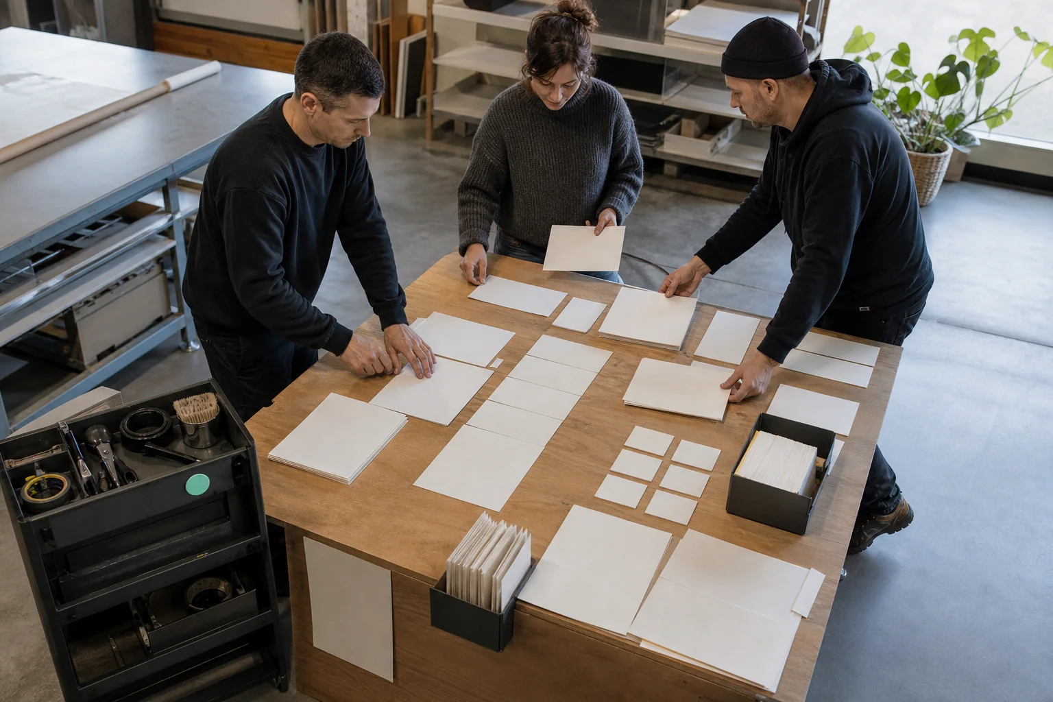 Professionals arrange physical working materials for Website redesign at a business in Charleroi