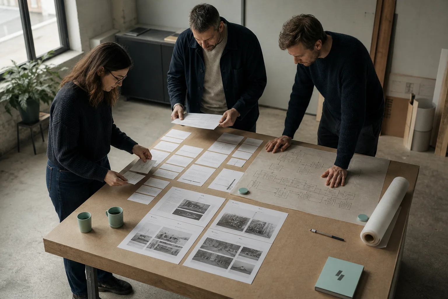 A Belgian team works through Website redesign with physical planning materials